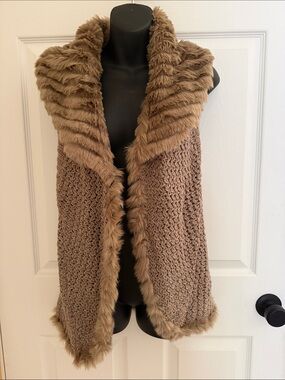 Chico's Faux Fur-Trim Knit Vest in Taupe
